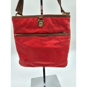 Michael Kors Red & Brown Shoulder Bag With Gold MK Logo & Zip Pocket